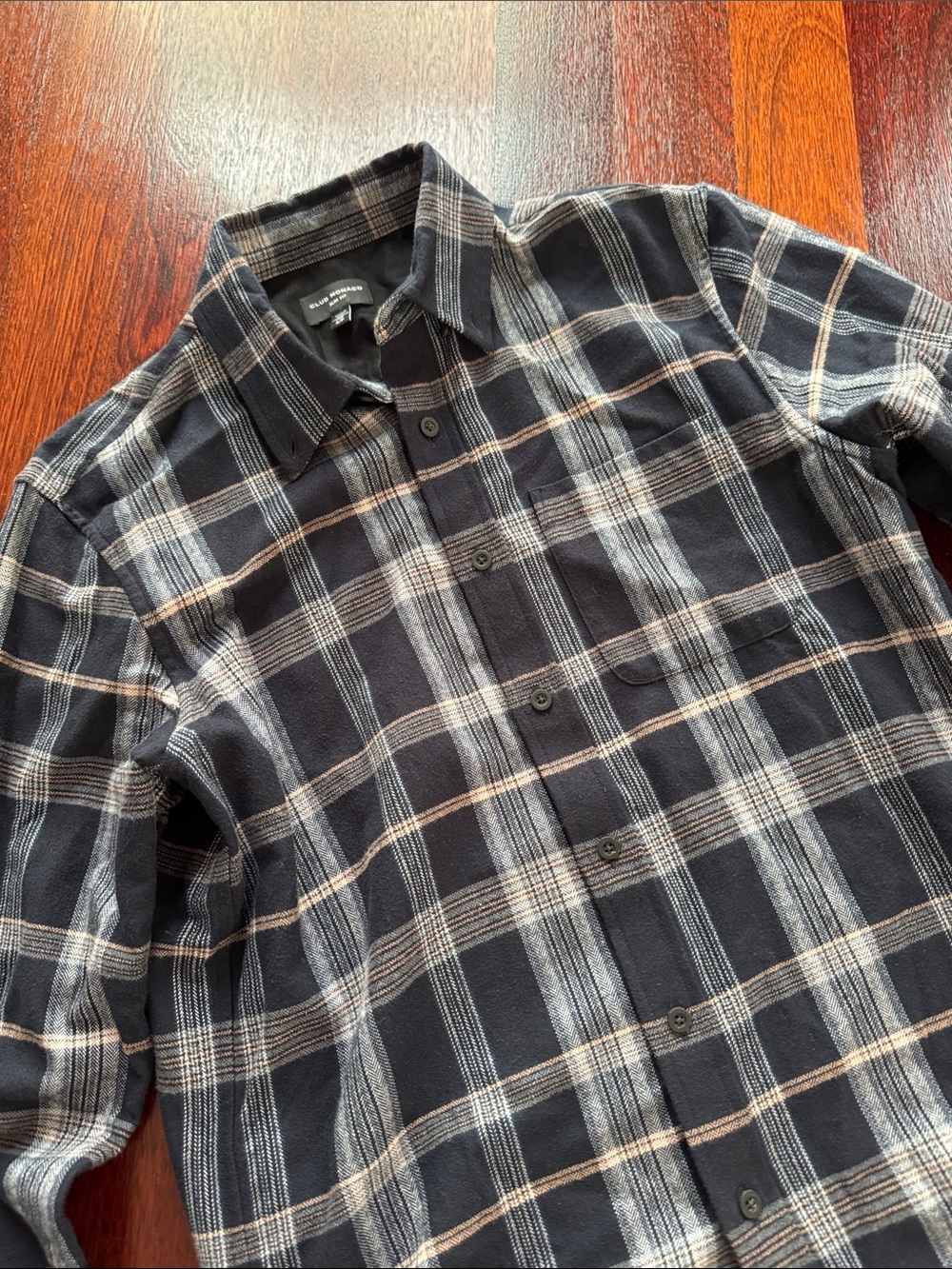 Club Monaco Mens Plaid Check Cotton Flannel Shirt Blue Navy